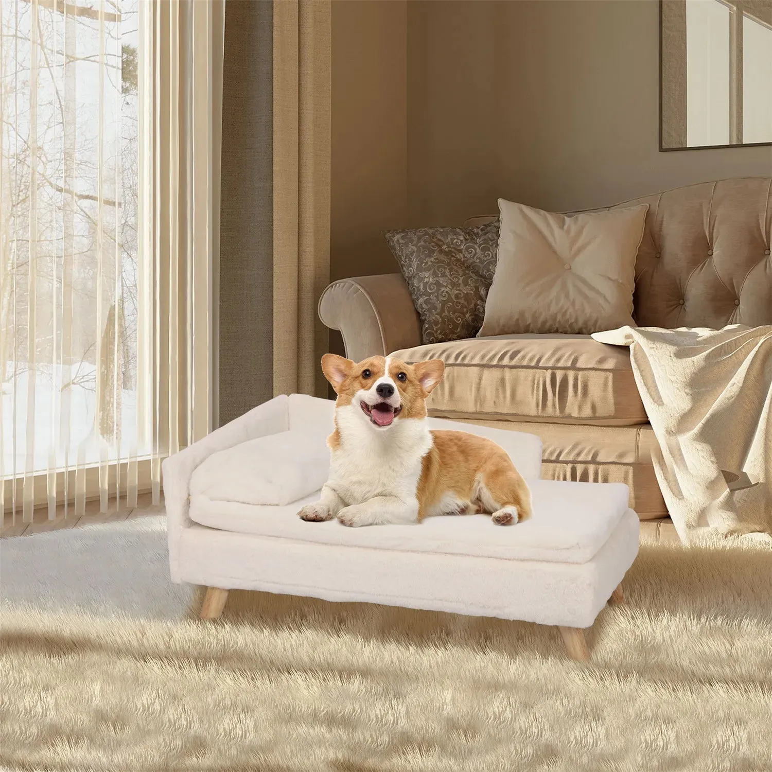 Elevated Pet Bed,Nordic Pet Stool Bed with Cozy Pad Waterproof,Pet Sofa Bed with Sturdy Wood Legs for Small Dog Kitten