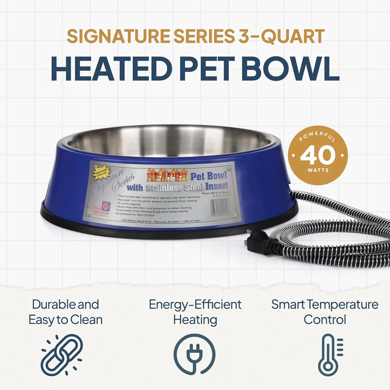 Farm Innovators Signature Series 3 Quart 40 Watt Electric Heated Pet Water Bowl with Stainless Steel Insert, Thermostatic Control, (2 Pack)