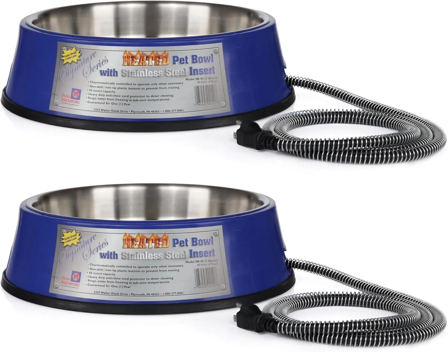 Farm Innovators Signature Series 3 Quart 40 Watt Electric Heated Pet Water Bowl with Stainless Steel Insert, Thermostatic Control, (2 Pack)