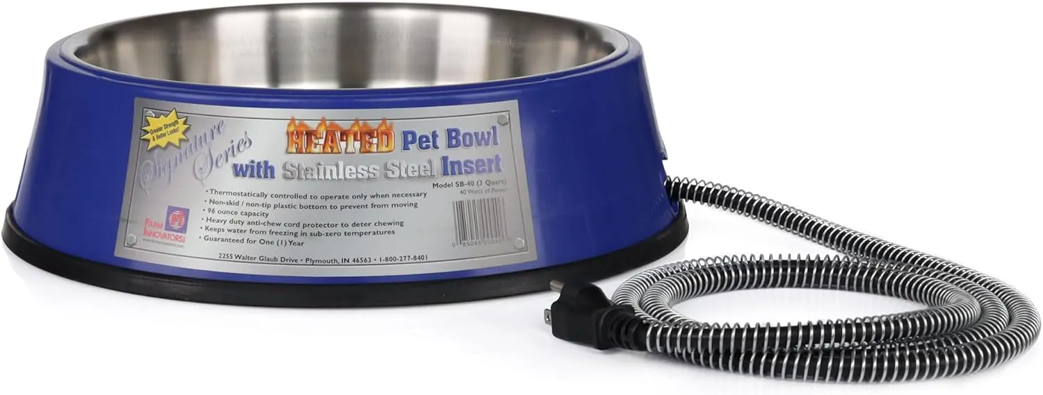 Farm Innovators Signature Series 3 Quart 40 Watt Electric Heated Pet Water Bowl with Stainless Steel Insert, Thermostatic Control, (2 Pack)