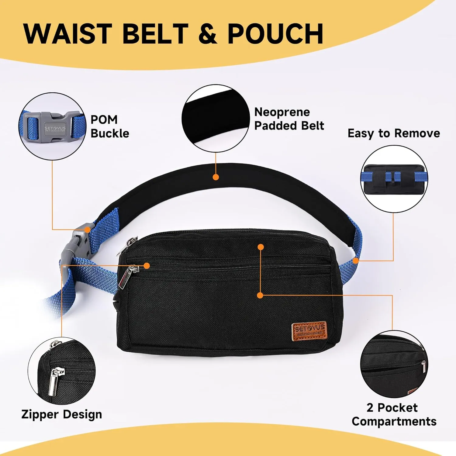 Hands Free Dog Leash with Zipper Pouch, Double Handle Running Reflective Bungee Waist Leash for Dog Walking, Training and Hiking for Small Medium Large Dogs (Blue)