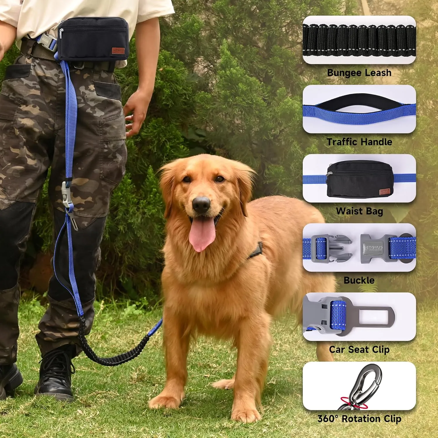 Hands Free Dog Leash with Zipper Pouch, Double Handle Running Reflective Bungee Waist Leash for Dog Walking, Training and Hiking for Small Medium Large Dogs (Blue)