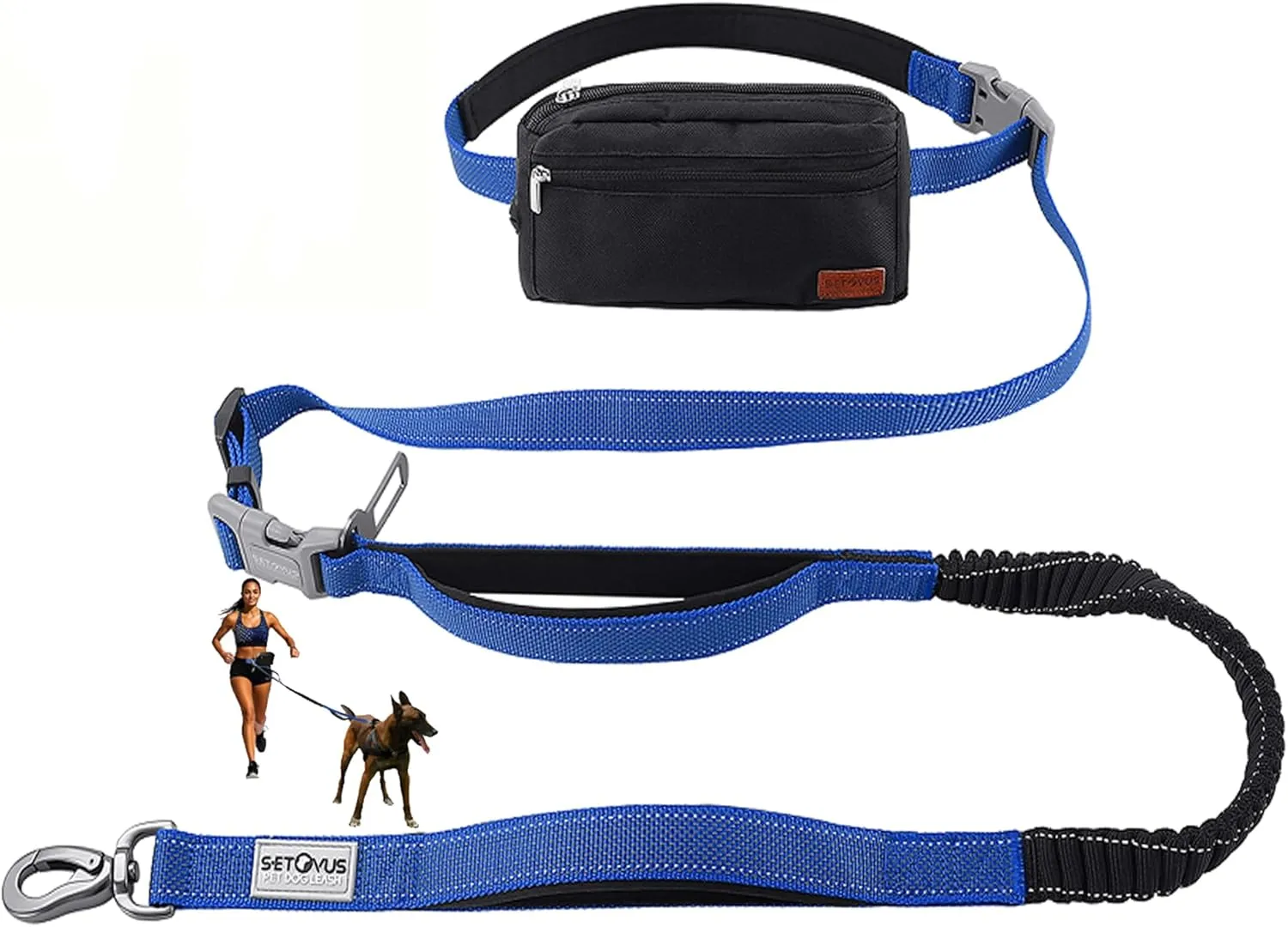 Hands Free Dog Leash with Zipper Pouch, Double Handle Running Reflective Bungee Waist Leash for Dog Walking, Training and Hiking for Small Medium Large Dogs (Blue)
