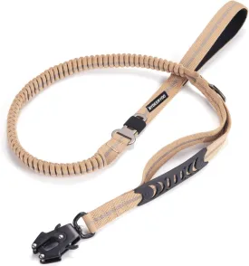 Heavy Duty Dog Leash with Two Padded Traffic Handle Control Dog Walking Training, 4-6 Foot Reflective Bungee with Frog Clip, with Car Seatbelt (Brown)