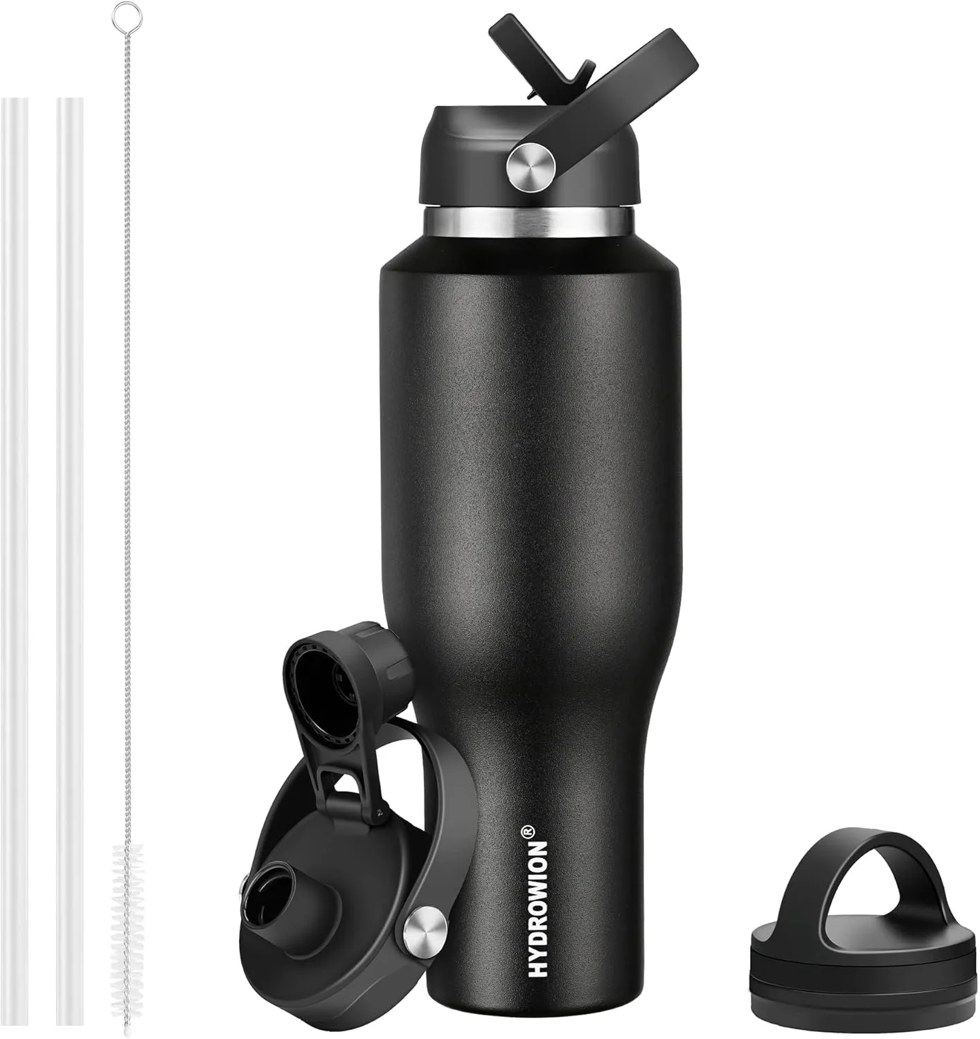 HYDROWION 40 oz Insulated Water Bottle with Straw fit in Car Cup Holder(Cold 48 hrs, Hot 24 hrs) Drinking Bottle with Straw Lid, Spout Lid and Flex Cap Leakproof Travel Thermo MugBlack