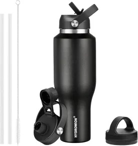 HYDROWION 40 oz Insulated Water Bottle with Straw fit in Car Cup Holder(Cold 48 hrs, Hot 24 hrs) Drinking Bottle with Straw Lid, Spout Lid and Flex Cap Leakproof Travel Thermo MugBlack