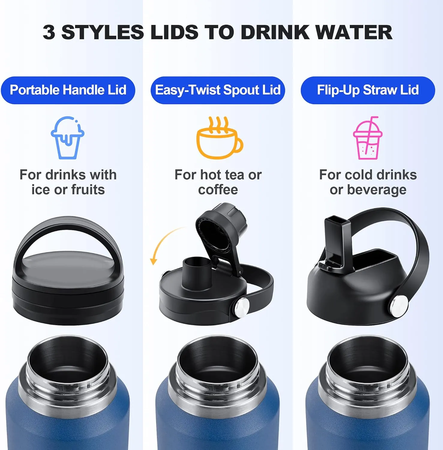 HYDROWION 40 oz Insulated Water Bottle with Straw fit in Car Cup Holder(Cold 48 hrs, Hot 24 hrs) Drinking Bottle with Straw Lid, Spout Lid and Flex Cap Leakproof Travel Thermo MugBlack