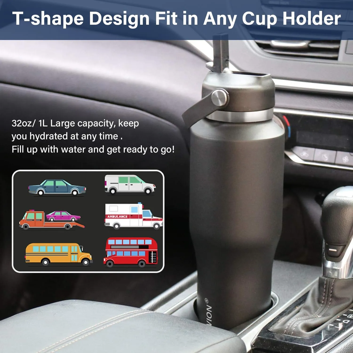 HYDROWION 40 oz Insulated Water Bottle with Straw fit in Car Cup Holder(Cold 48 hrs, Hot 24 hrs) Drinking Bottle with Straw Lid, Spout Lid and Flex Cap Leakproof Travel Thermo MugBlack