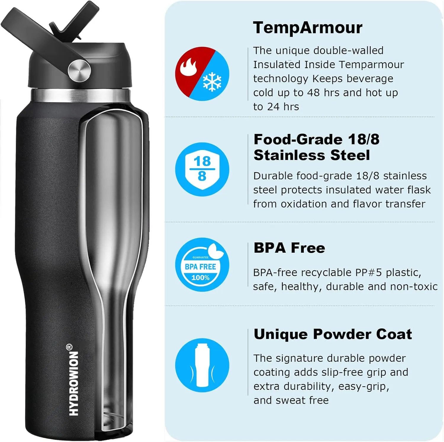 HYDROWION 40 oz Insulated Water Bottle with Straw fit in Car Cup Holder(Cold 48 hrs, Hot 24 hrs) Drinking Bottle with Straw Lid, Spout Lid and Flex Cap Leakproof Travel Thermo MugBlack