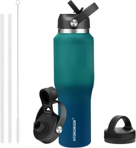 HYDROWION 40 oz Insulated Water Bottle with Straw fit in Car Cup Holder(Cold 48 hrs, Hot 24 hrs) Drinking Bottle with Straw Lid, Spout Lid and Flex Cap Leakproof Travel Thermo MugGreen - Blue
