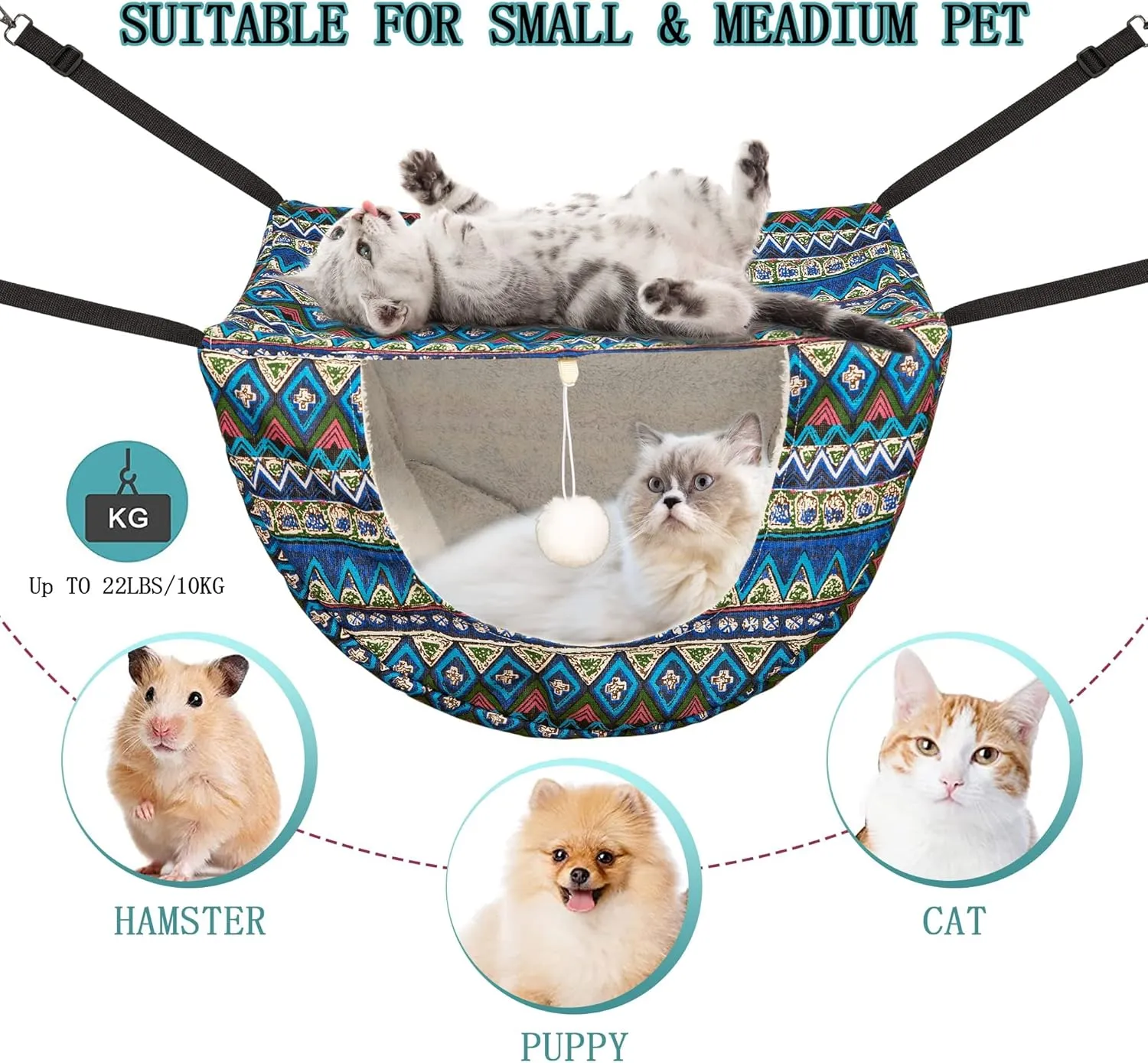 JSPYFITS Cat Cage Hammock with Ball,Double Layer Hanging Adjustable Soft Pet Bed Suit for Kitten Ferret Puppy Rabbit or Small Pets, 2 Level Indoor Pet Bad for All Season(Ethnic Style)