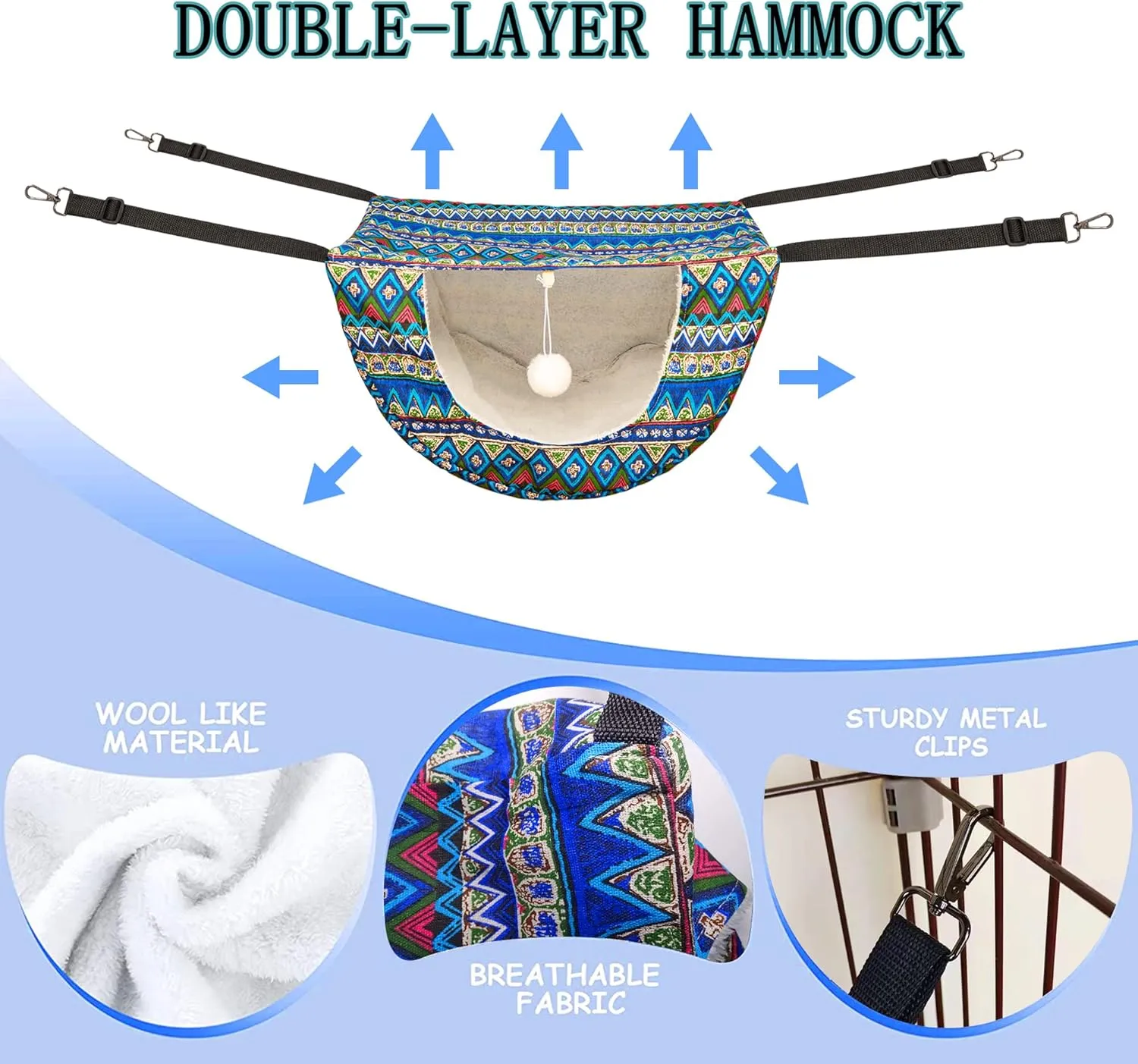 JSPYFITS Cat Cage Hammock with Ball,Double Layer Hanging Adjustable Soft Pet Bed Suit for Kitten Ferret Puppy Rabbit or Small Pets, 2 Level Indoor Pet Bad for All Season(Ethnic Style)