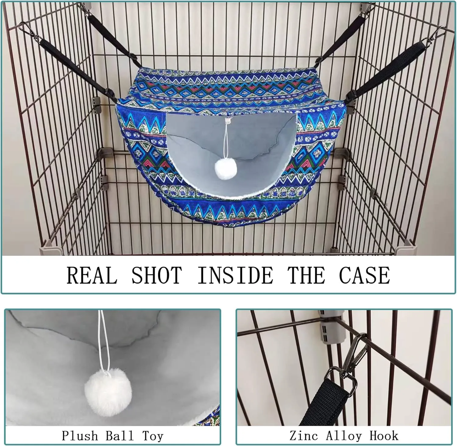 JSPYFITS Cat Cage Hammock with Ball,Double Layer Hanging Adjustable Soft Pet Bed Suit for Kitten Ferret Puppy Rabbit or Small Pets, 2 Level Indoor Pet Bad for All Season(Ethnic Style)