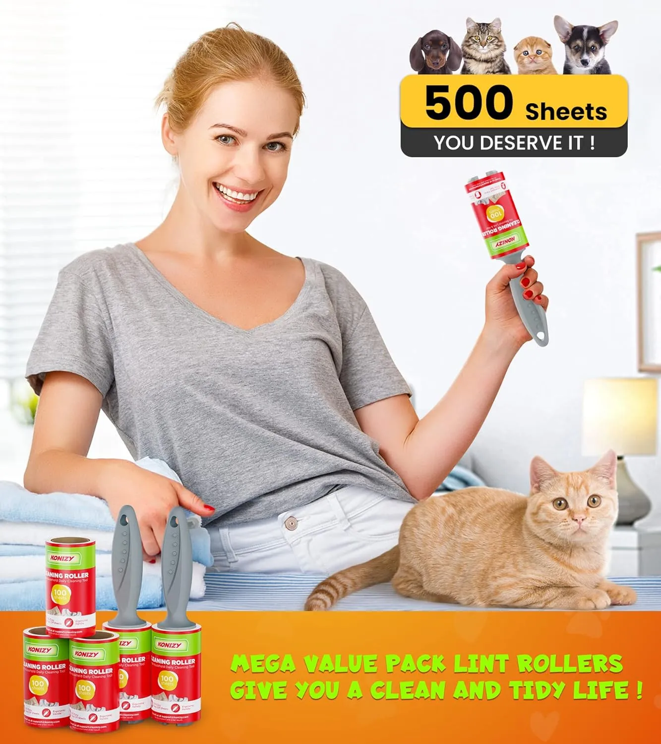 Lint Rollers for Pet Hair Extra Sticky, 500 Sheets Mega Value Set Roller with 2 Upgraded Handles, 5 Portable Remover Clothes, Furniture, Carpet, Dog & Cat Removal