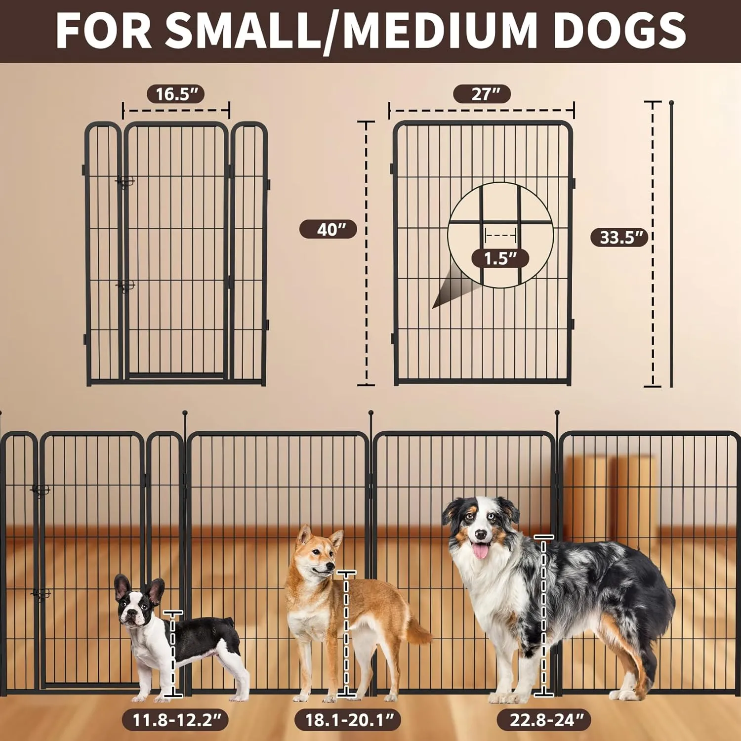 mestyl Dog Play Pen Indoors, Heavy Duty Metal Puppy Playpen, Portable Dog Exercise Pen Temporary Pet Fence with Gate, 40" Height 8 Panels Foldable Dog Kennel for Large/Medium/Small Dogs