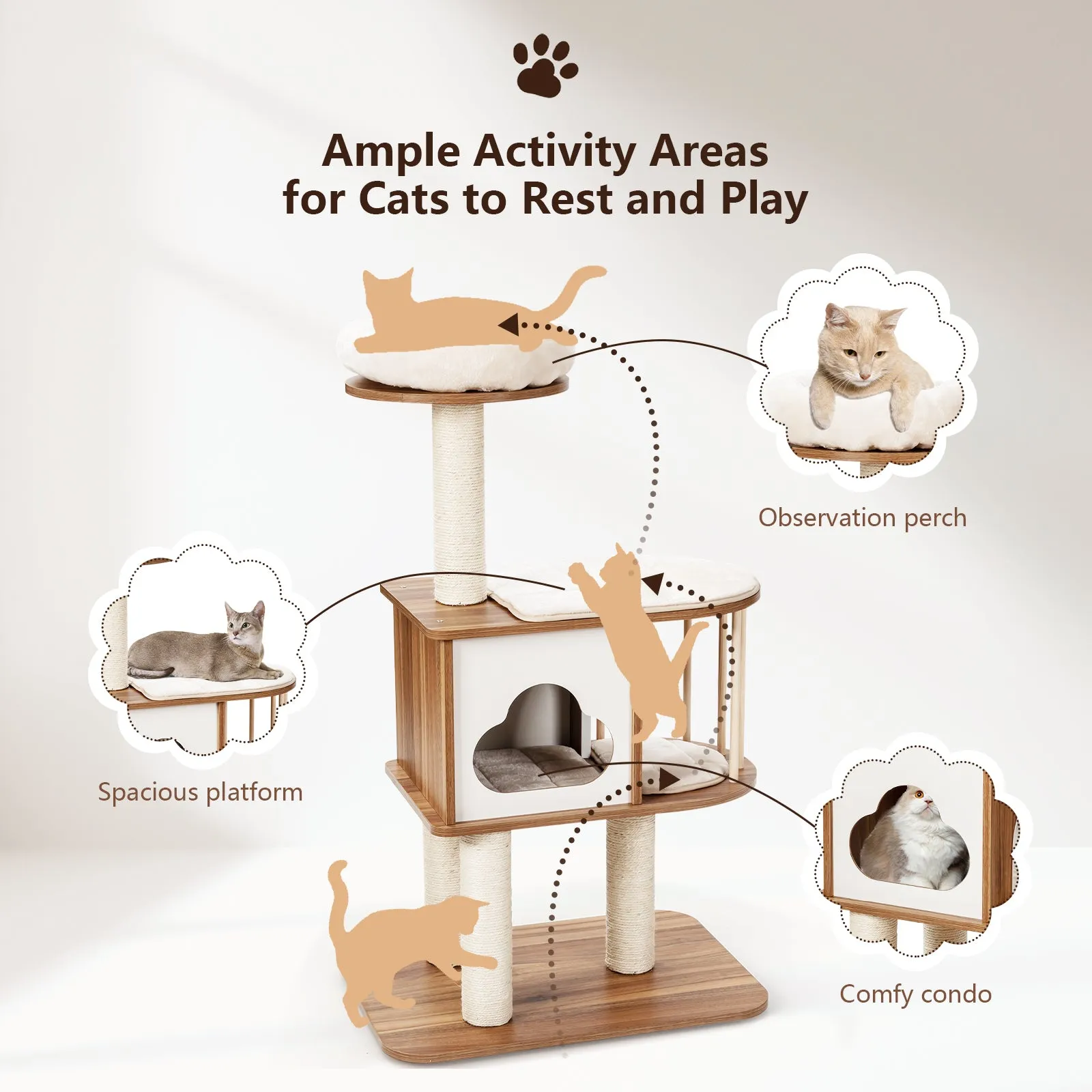 Modern Wooden Cat Tower with Platform-Brown