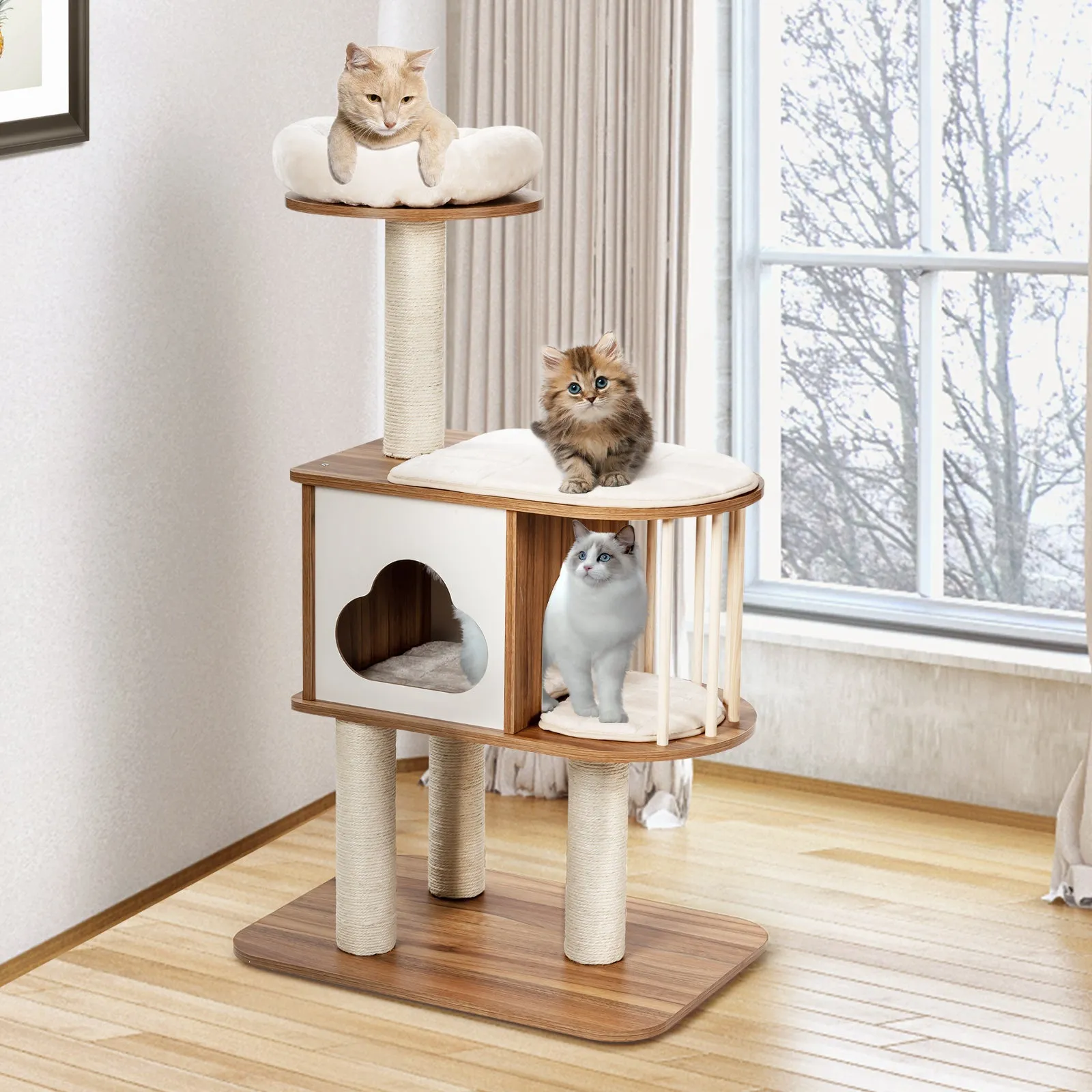 Modern Wooden Cat Tower with Platform-Brown