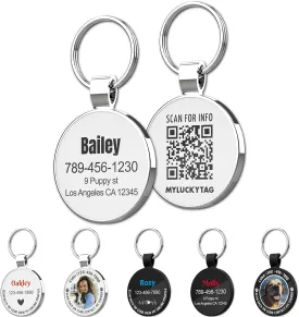 MYLUCKYTAG QR Code Personalized Pet ID Tags Dog Tags - Pet Online Profile - Scan QR Receive Instant Pet Location Alert Email