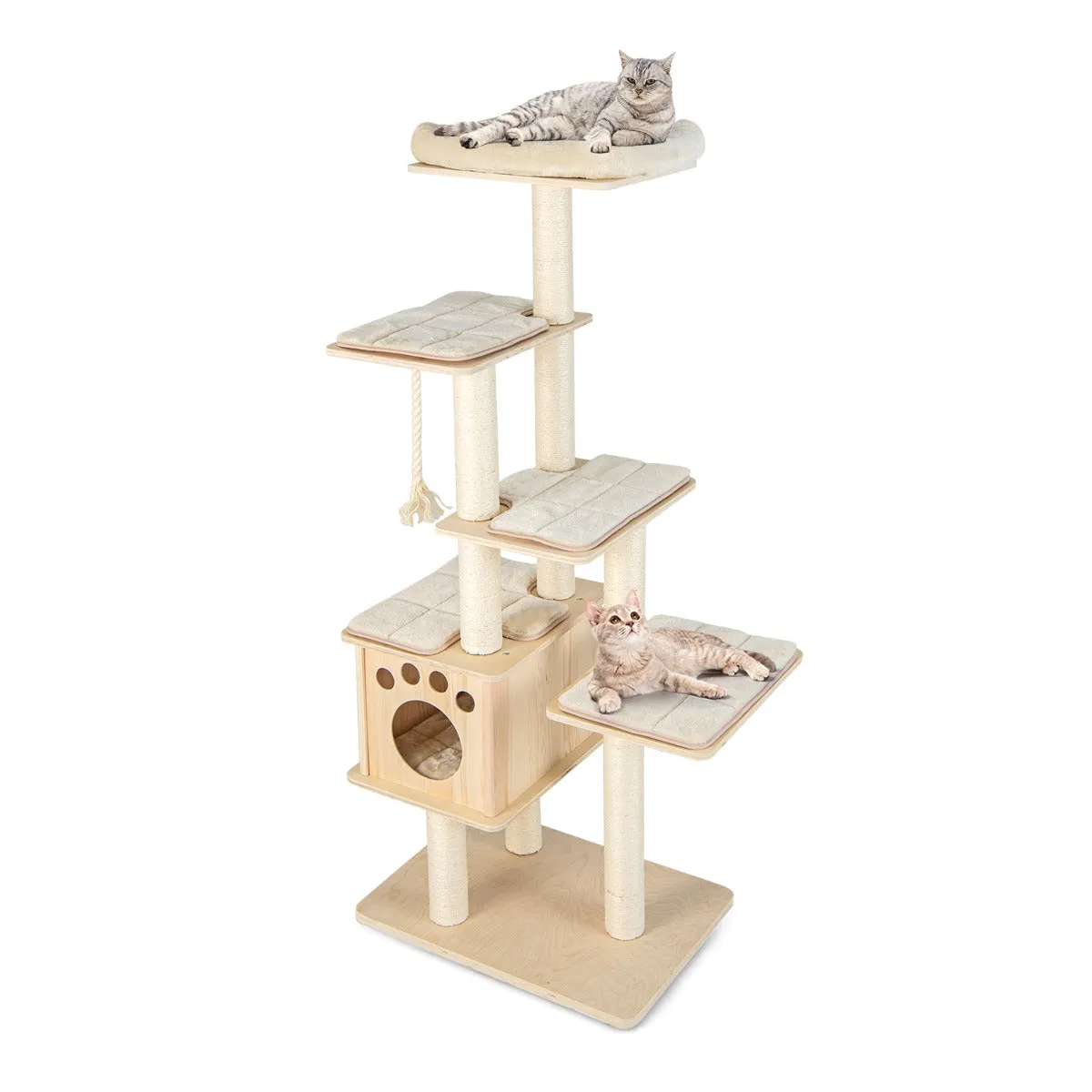 NNECW Modern Wooden Cat Tower with Scratching Posts Washable Cushion