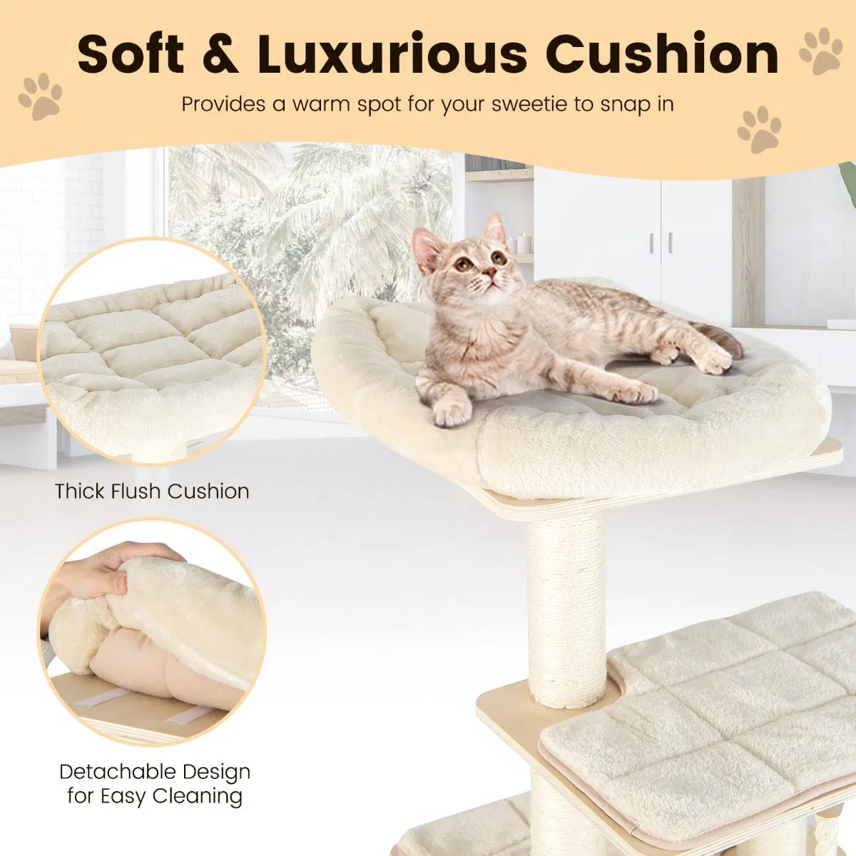 NNECW Modern Wooden Cat Tower with Scratching Posts Washable Cushion