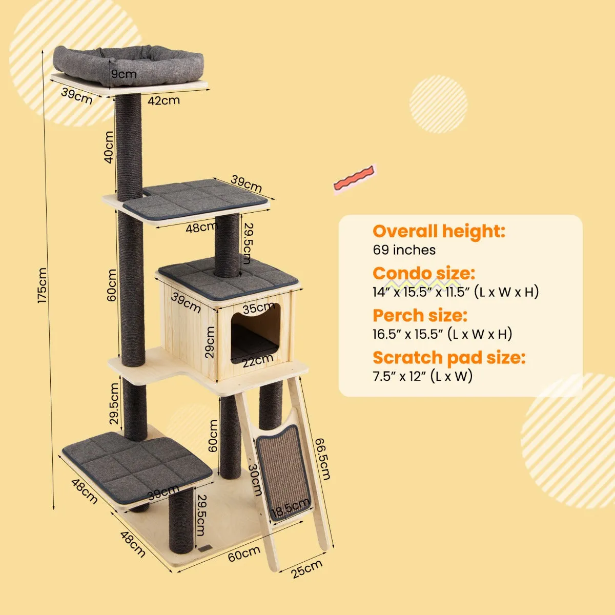 NNECW Solid Wood 4-Tier Cat Tree with Scratching Sisal Posts & Mat