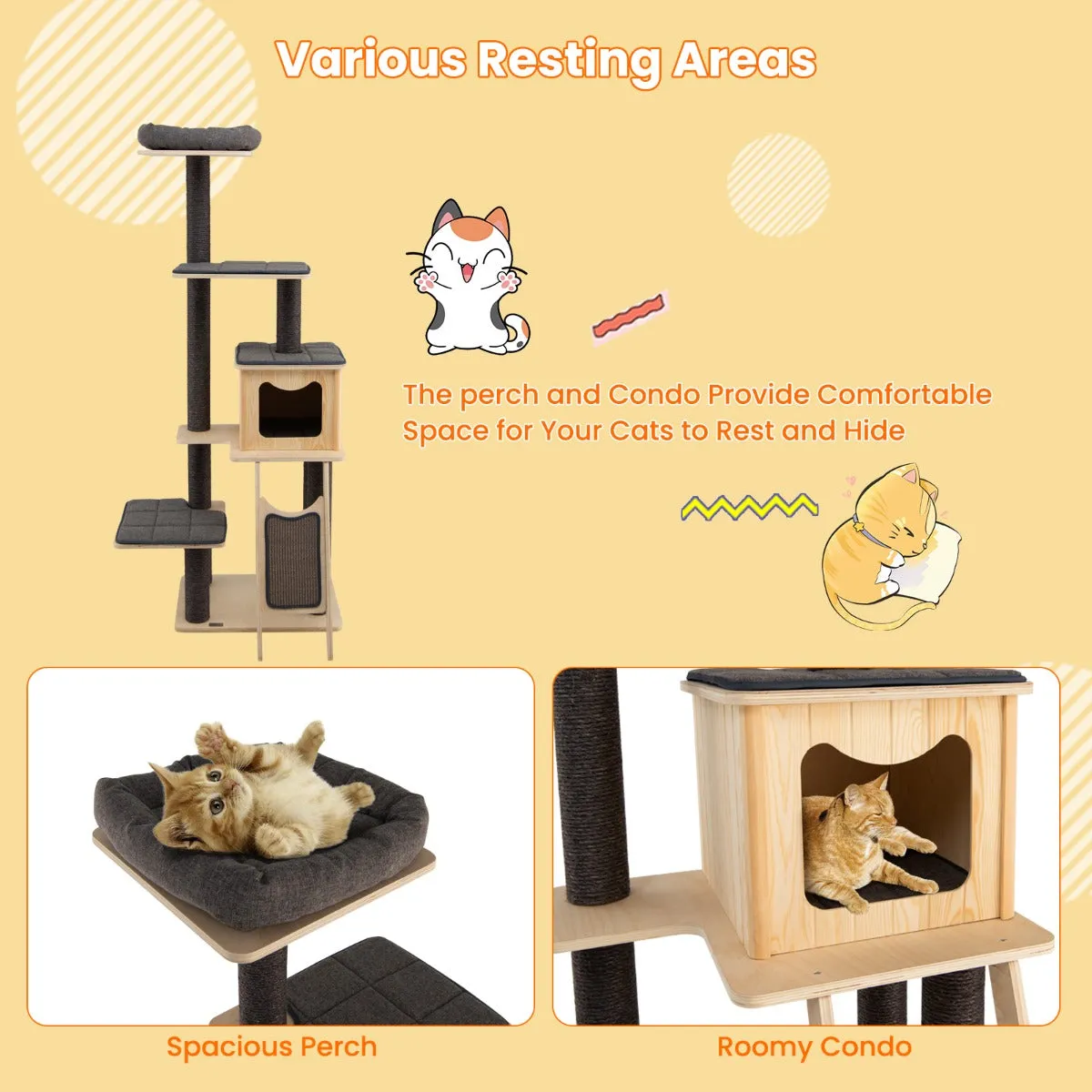 NNECW Solid Wood 4-Tier Cat Tree with Scratching Sisal Posts & Mat