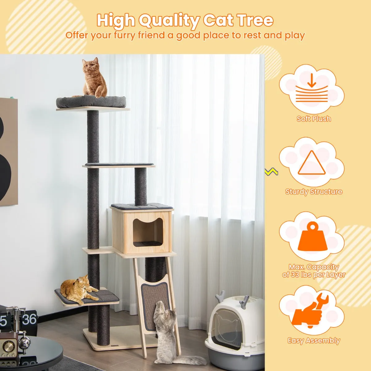 NNECW Solid Wood 4-Tier Cat Tree with Scratching Sisal Posts & Mat