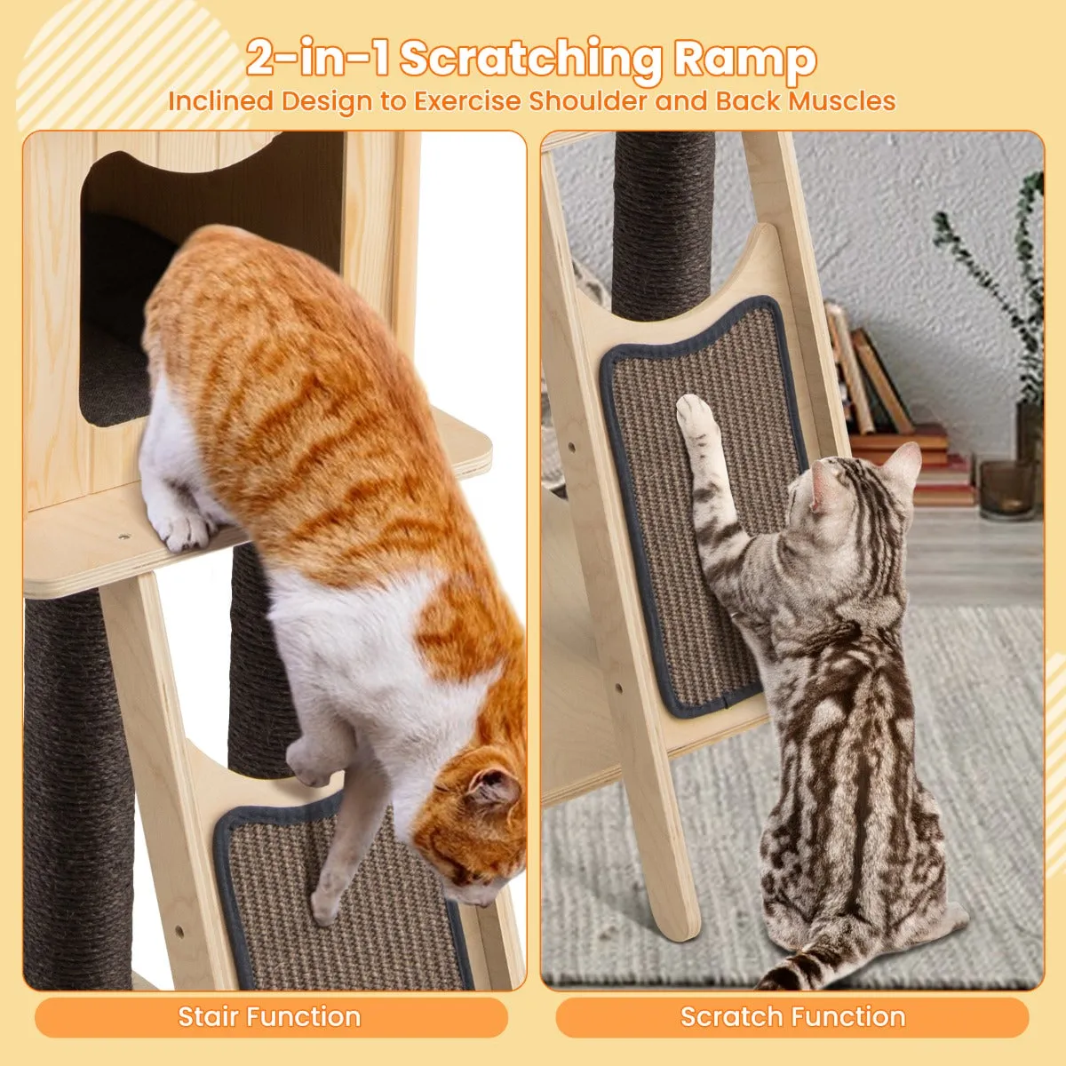 NNECW Solid Wood 4-Tier Cat Tree with Scratching Sisal Posts & Mat