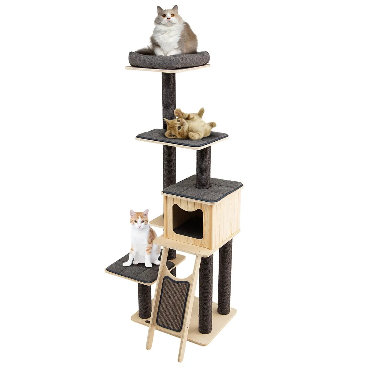NNECW Solid Wood 4-Tier Cat Tree with Scratching Sisal Posts & Mat