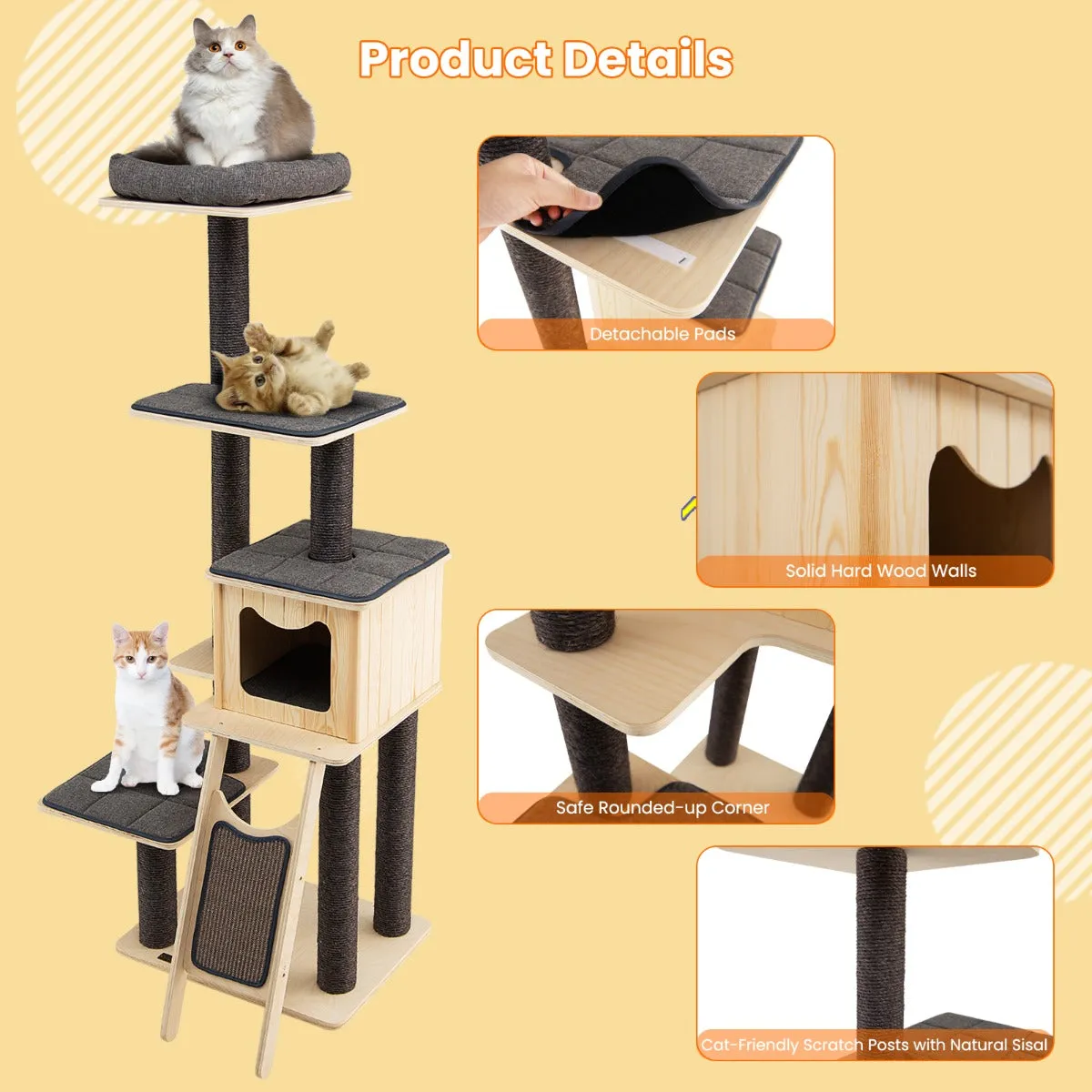 NNECW Solid Wood 4-Tier Cat Tree with Scratching Sisal Posts & Mat