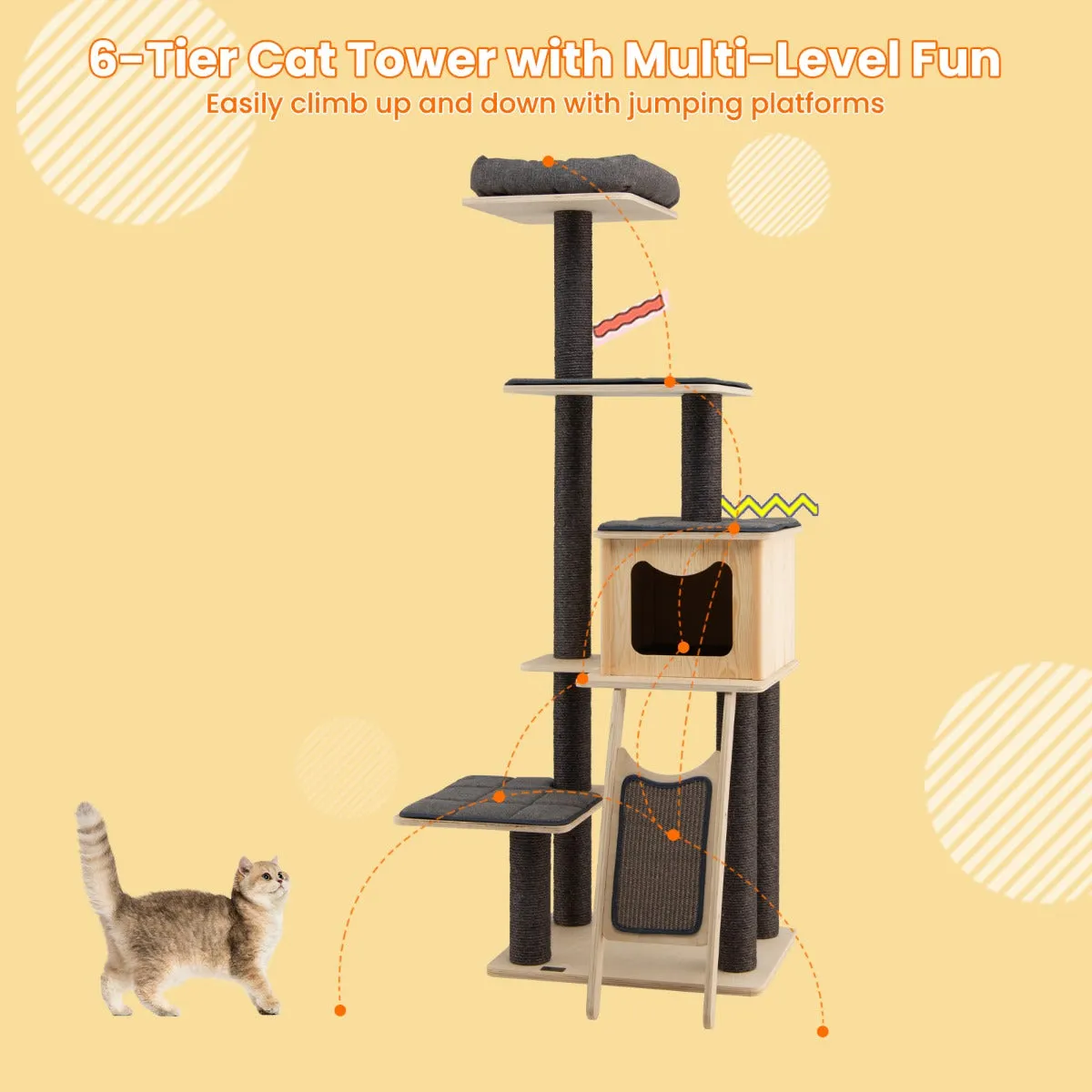 NNECW Solid Wood 4-Tier Cat Tree with Scratching Sisal Posts & Mat