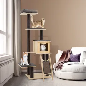NNECW Solid Wood 4-Tier Cat Tree with Scratching Sisal Posts & Mat