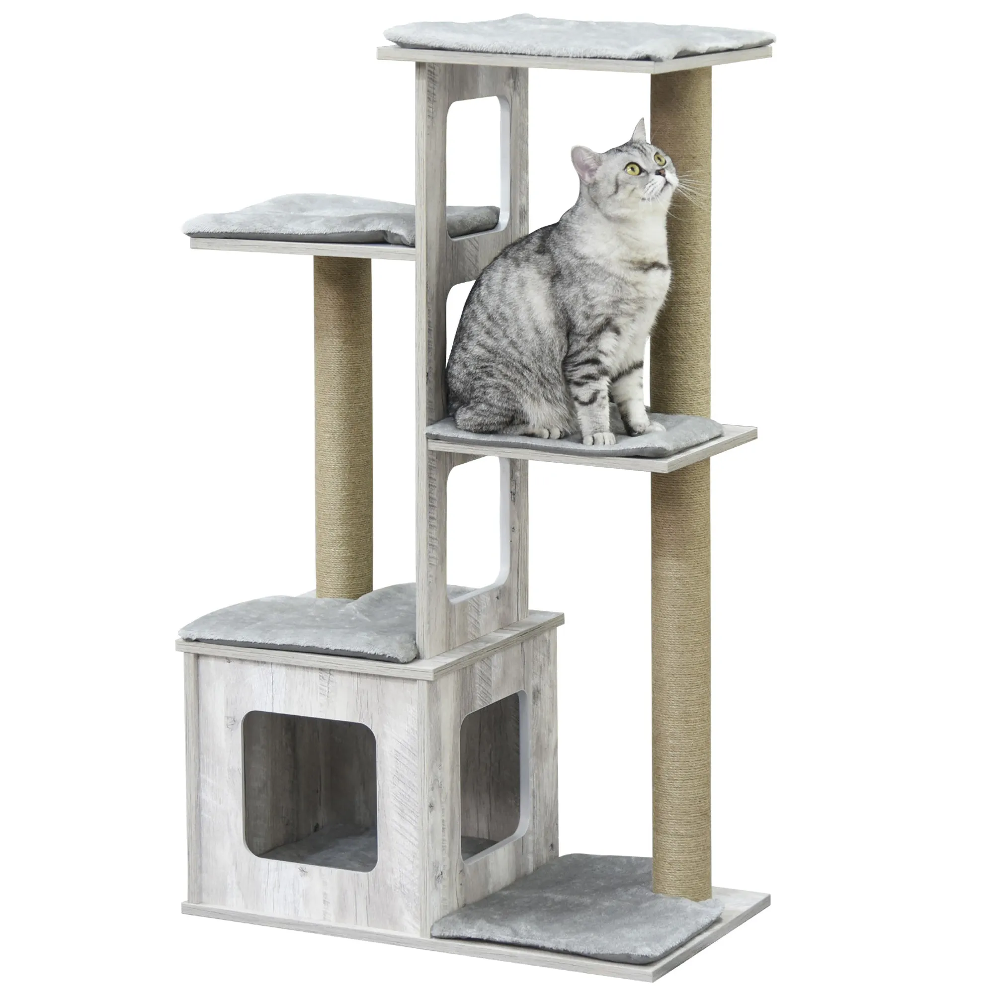 PawHut 114cm Cat Tree Tower, Climbing Frame w/ Scratching Posts, Cat House, Grey