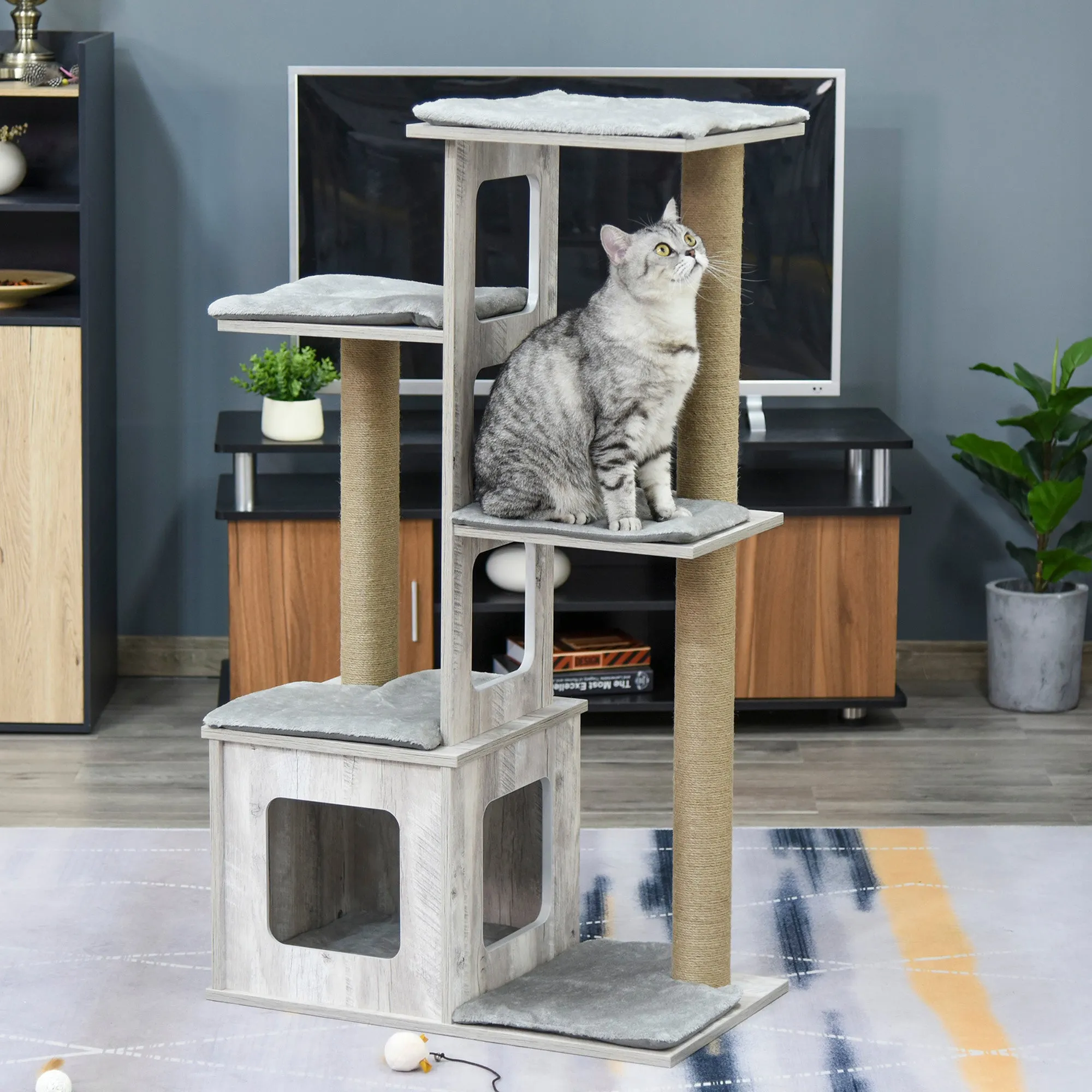 PawHut 114cm Cat Tree Tower, Climbing Frame w/ Scratching Posts, Cat House, Grey