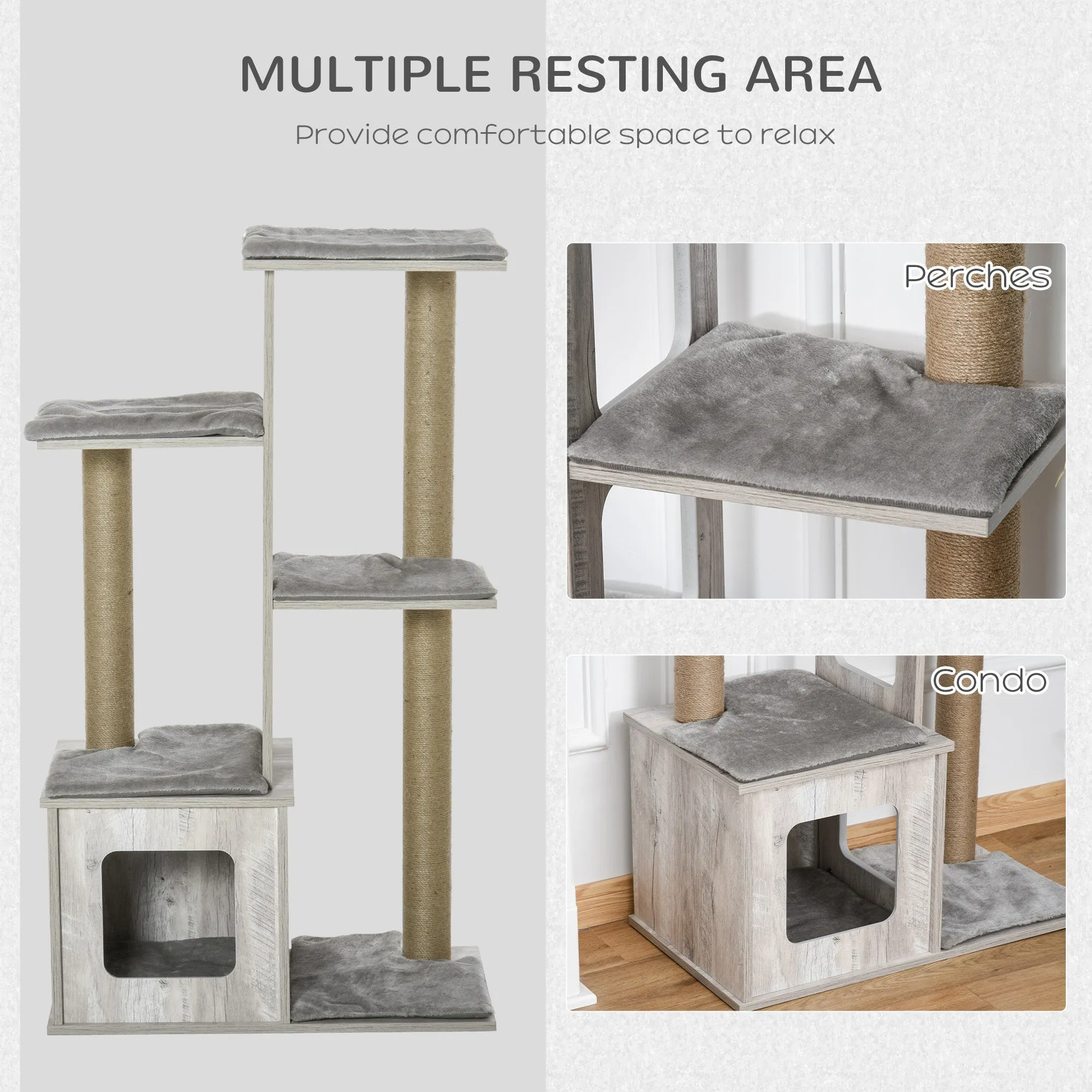 PawHut 114cm Cat Tree Tower, Climbing Frame w/ Scratching Posts, Cat House, Grey