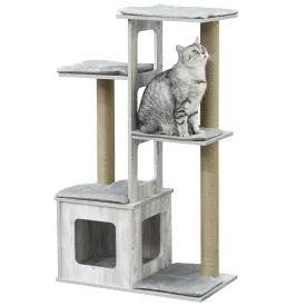 PawHut 114cm Cat Tree Tower, Climbing Frame w/ Scratching Posts, Cat House, Grey