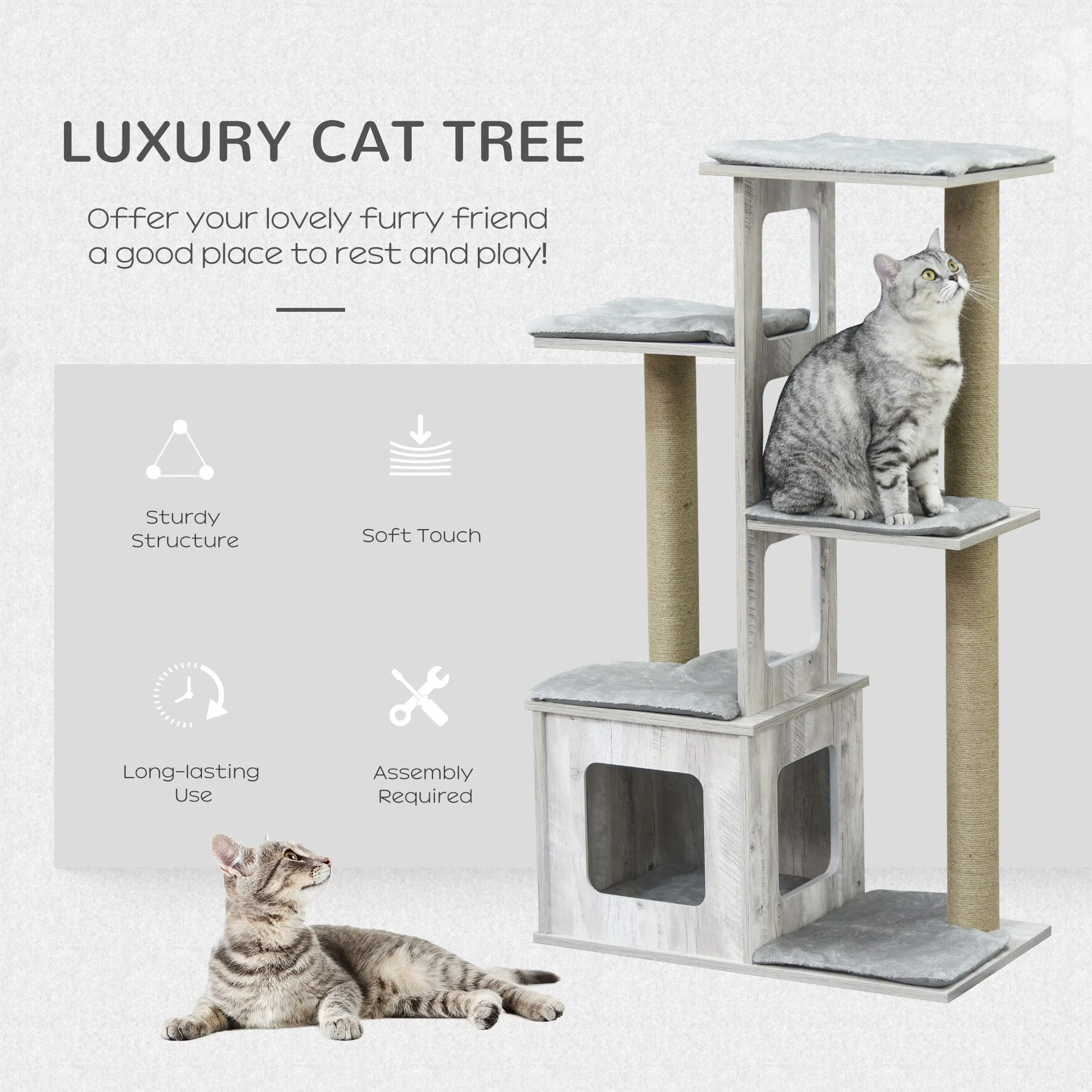 PawHut 114cm Cat Tree Tower, Climbing Frame w/ Scratching Posts, Cat House, Grey