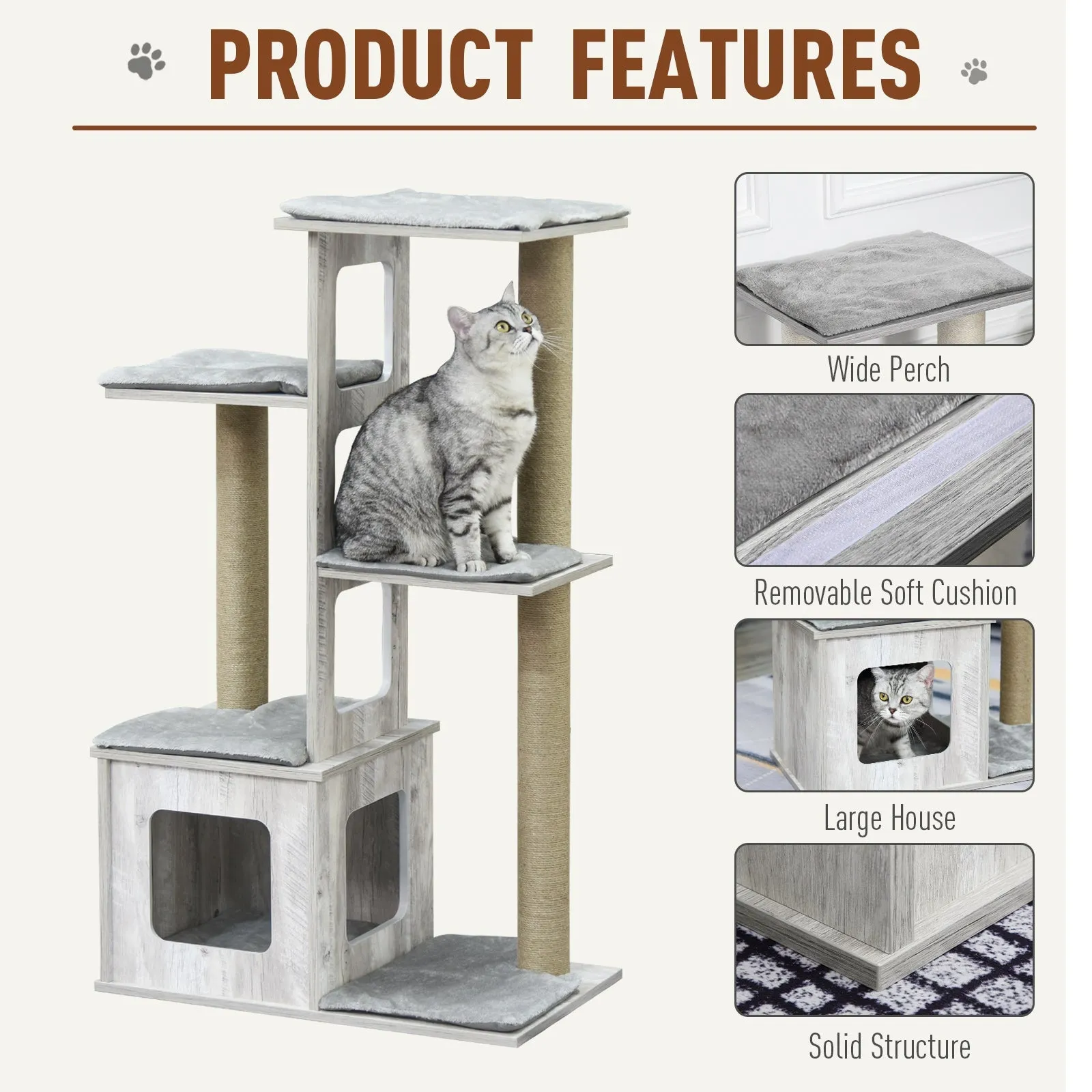PawHut Cats 5-Tier Jute Rope Scratching Tree Grey