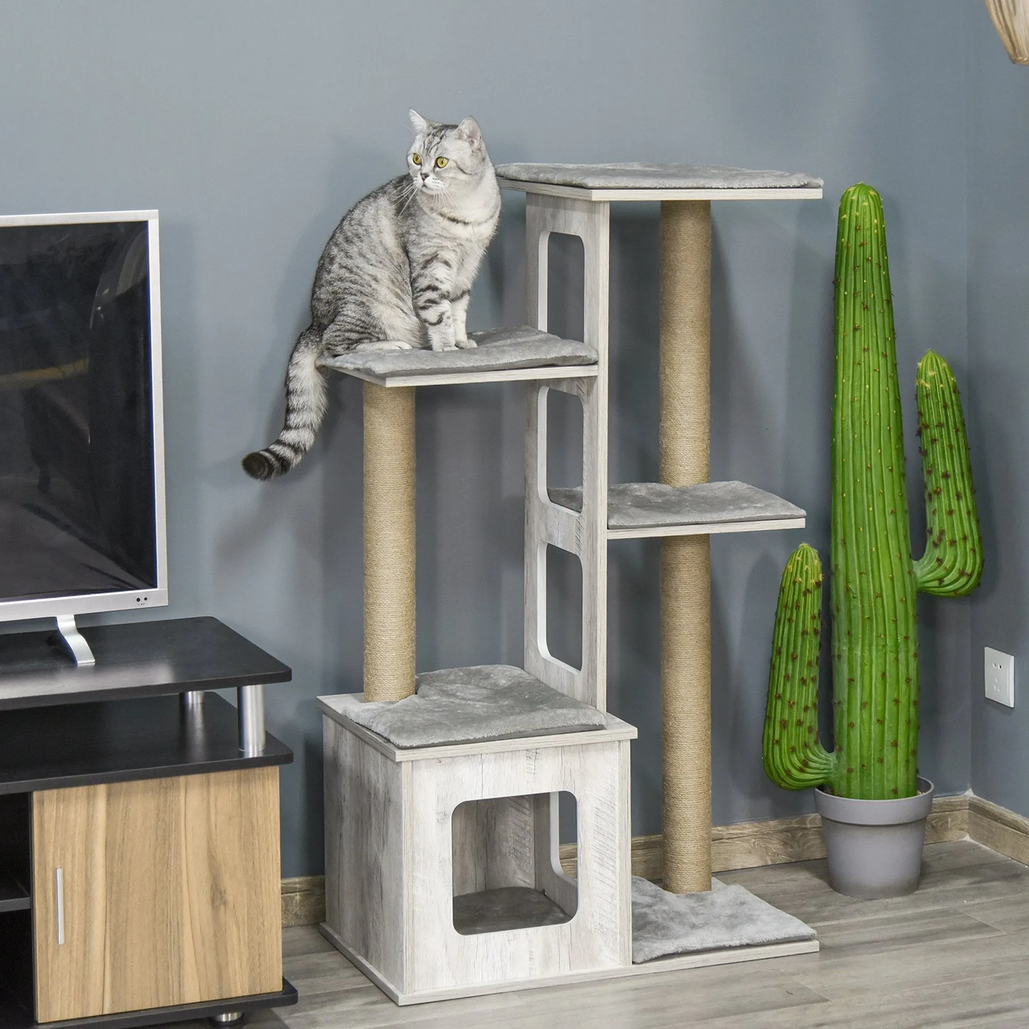 PawHut Cats 5-Tier Jute Rope Scratching Tree Grey