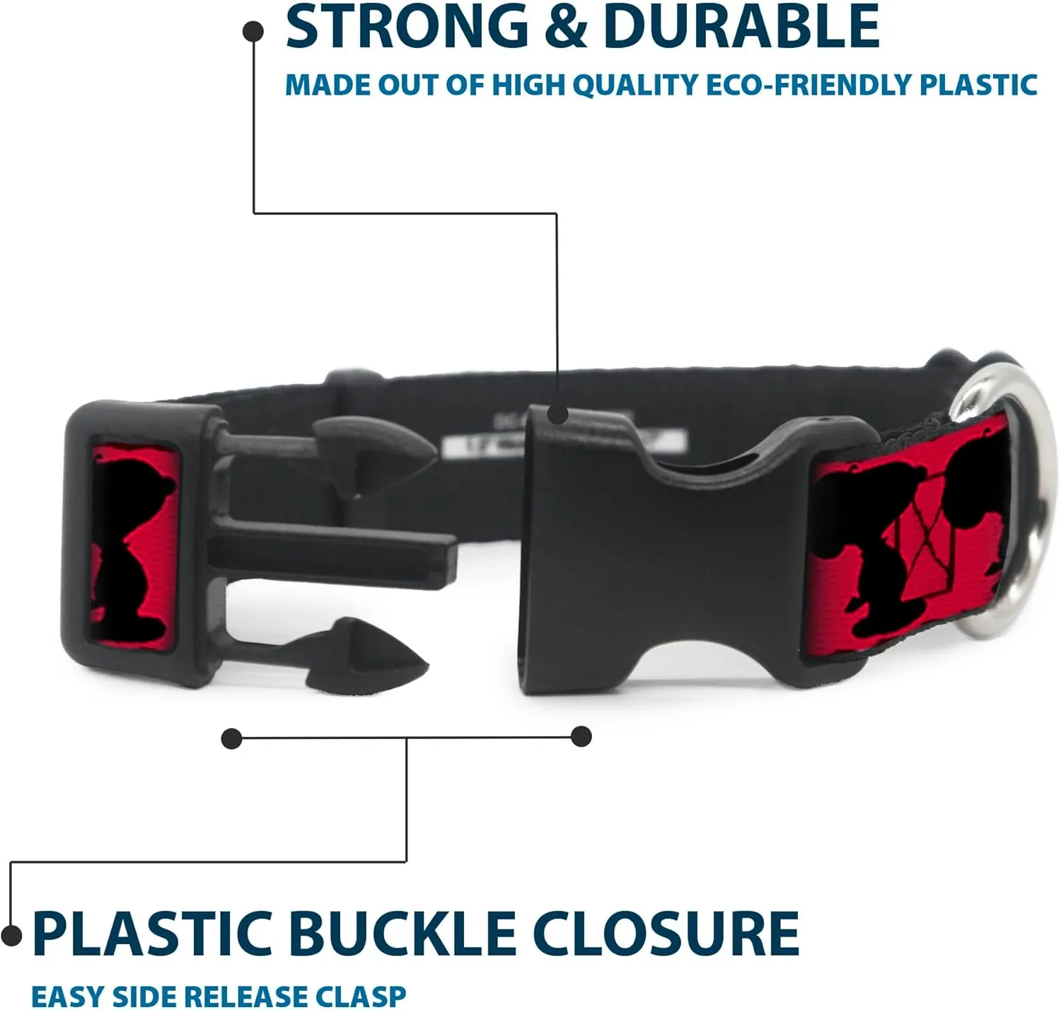 Peanuts Worldwide LLC Pet Collar, Dog Collar Plastic Buckle, Peanuts Snoopy Walking Silhouette Pose Red Black White, 16 to 23 Inches 1.5 Inch Wide