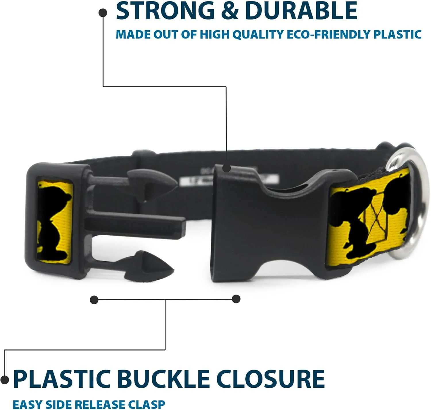 Peanuts Worldwide LLC Pet Collar, Dog Collar Plastic Buckle, Peanuts Snoopy Walking Silhouette Pose Yellow Black White, 16 to 23 Inches 1.5 Inch Wide