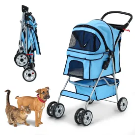 Pet Stroller for Small Medium Dogs, 4 Wheels Folding Travel Carrier Cage Strolling Cart with Cup Holder and Removable Liner 35lbs Capacity Large Doggie Puppy Cat Stroller, Blue