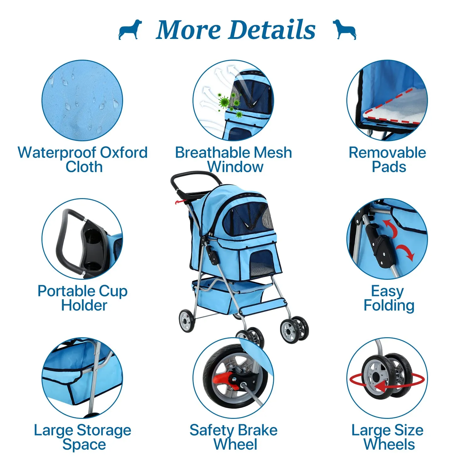 Pet Stroller for Small Medium Dogs, 4 Wheels Folding Travel Carrier Cage Strolling Cart with Cup Holder and Removable Liner 35lbs Capacity Large Doggie Puppy Cat Stroller, Blue