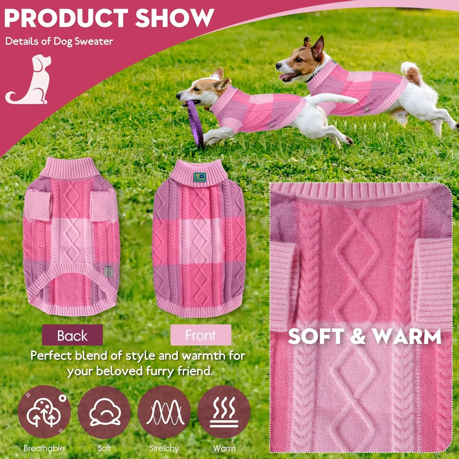 Pet Sweaters,Turtleneck Pullover Dog Sweater,Pet Sweaters for Dogs,Pet Clothes,Pet Clothing,Suitable for All Types of Dogs and Most Seasons (Pink Group, L)