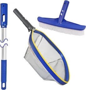 Poolvio Swimming Pool Cleaning Kit, 14'' Brush Head & 50'' Telescopic Aluminum Pole with Fine Mesh Skimmer Net - Perfect for Above Ground Pools, Spas, Hot Tub Fountains Blue (PK0140)