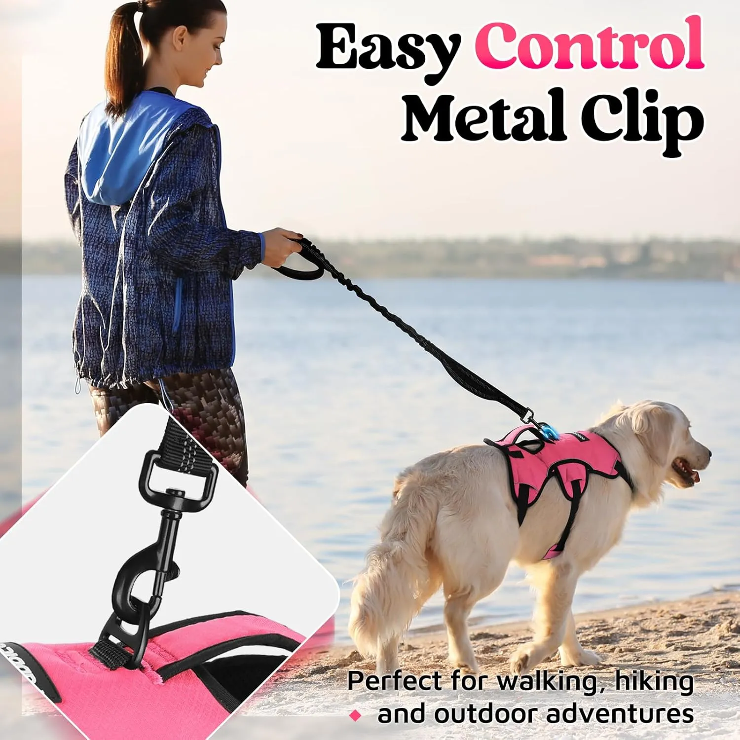 rabbitgoo Escape Proof Dog Harness, Soft Padded Full Body Pet Harness, Reflective Adjustable No Pull Vest with Lift Handle and Leash Clip for Large Dogs Walking Hiking Training, M, Pink