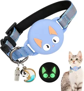 Reflective Breakaway Cat Collars with Name Tag, with Apple for Air Tag Holder and Bell, Waterproof for AirTag Cat Collar Holder, Adjustable,Reflective Breakaway Cat Collars, for Cats (Blue)