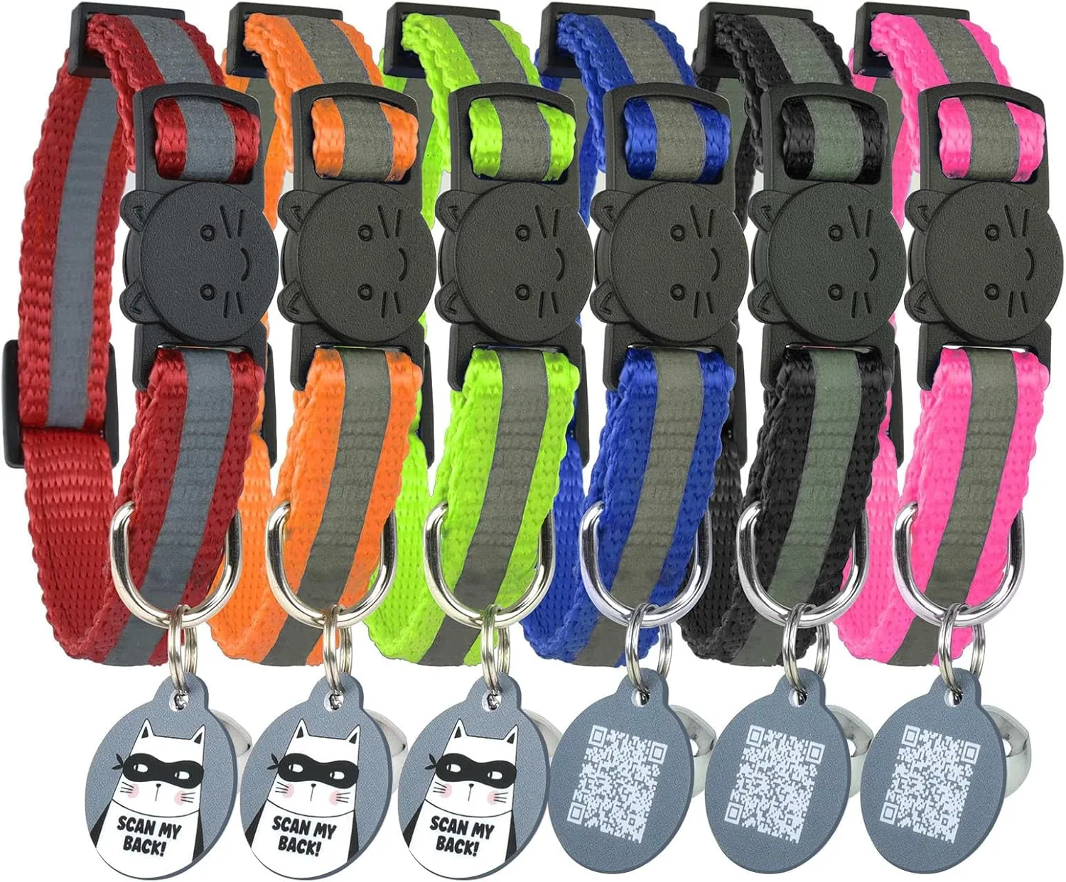 Reflective Cat Collar with ID Tags QR Code, Set of 6, Name Tag, Solid & Safe Collars for Cats, Nylon, Mixed Colors, Pet Collar, Breakaway Cat Collar