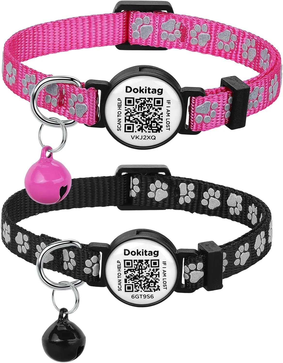 Reflective Cat Collar with QR Code Name Tag,Breakaway Cat Collars with Pet Id Tag and Bells,Scan QR Receive Instant Pet Location Alert Email 2pack (Pink&Black)