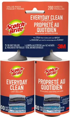 Scotch-Brite Everyday Clean Lint Roller, Lint Remover for Pet Hair, Dark Clothes, Furniture, and Dusty Surfaces, Picks Up Fur & Fluff in Your Home, Car, & Office, 2 Pack, 200 Adhesive Sheets Total